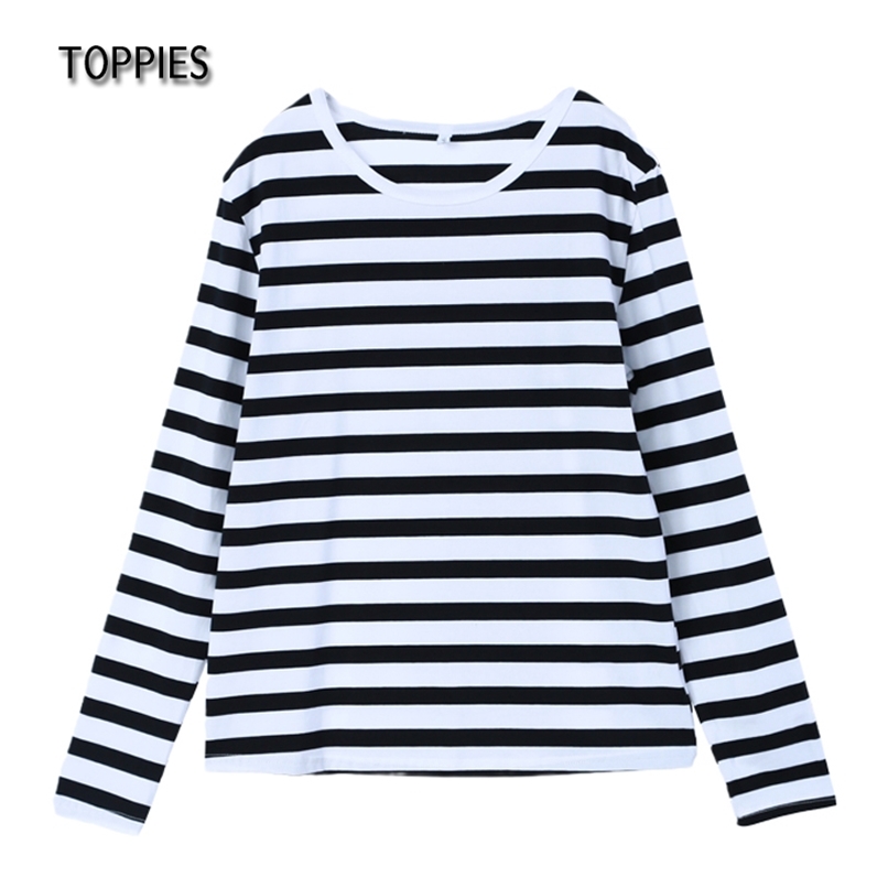 

Toppies Striped T-shirts Casual Oversized Round Neck Vintage Basic Tops Tees Women Long Sleeve White Black T-shirts 211110