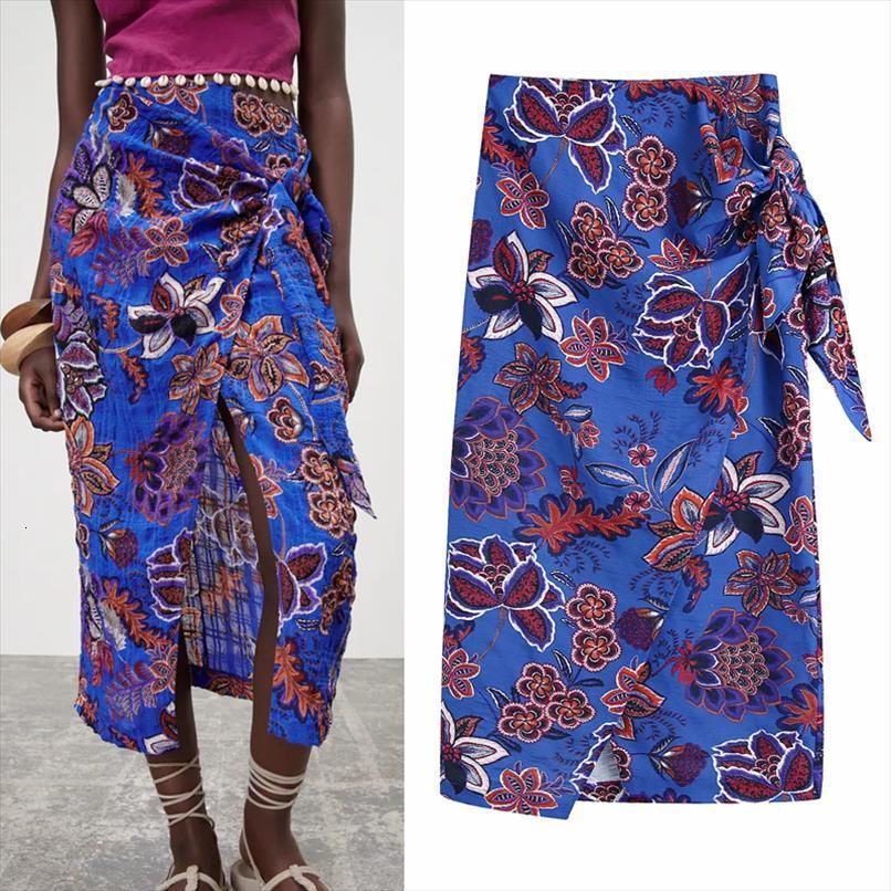 

za blue wrap sarong beach women skirt floral long elegant high waist midi skirts knot slit summer, Black