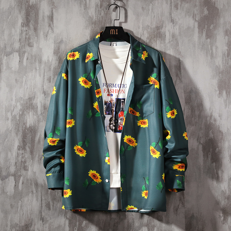 

2021 New De Impresso Girassol Colorido Manga Comprida Boto Solto Camisas Casuais Homens Jaqueta Camisa Havaiana Blusa 50w9, Blue