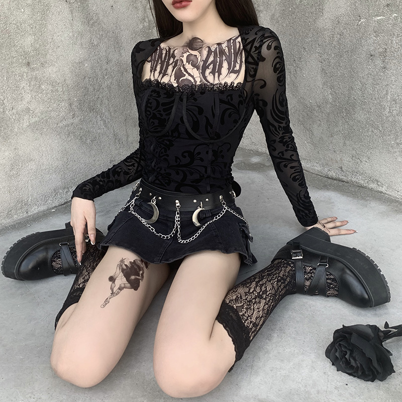 

Sexy Vintage Long Sleeve Mesh Splice Lace Tshirt Women Gothic Dark Slim Square Neck Crop Top Female Autumn Streetwear, White