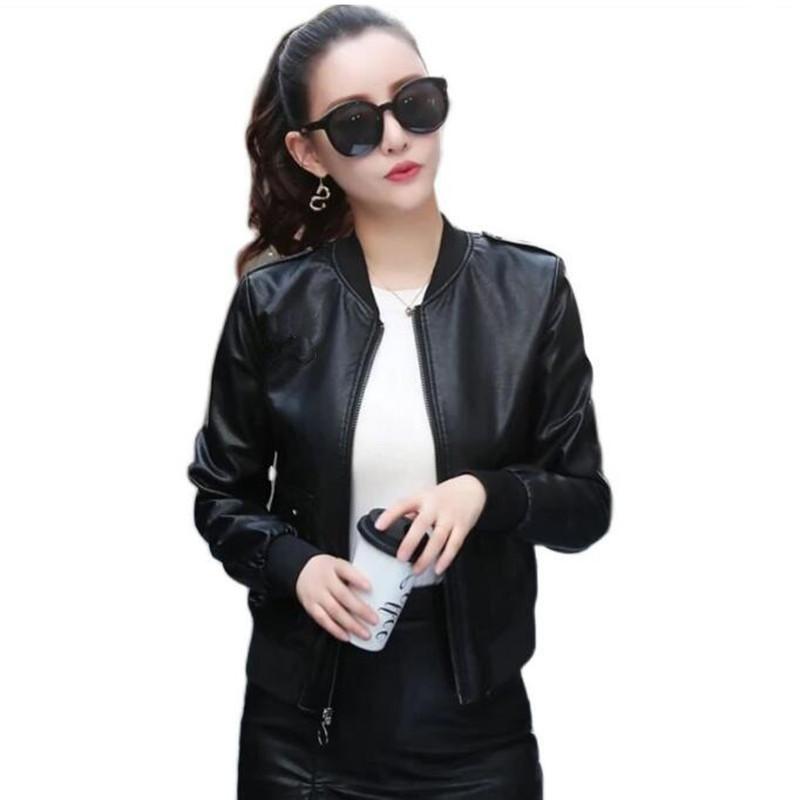 

High Quality Women Embroidered Sequin Casual PU Leather Jacket and Coat 20 Autumn Winter New Short Plus Velvet Leather Clothing, Black thin