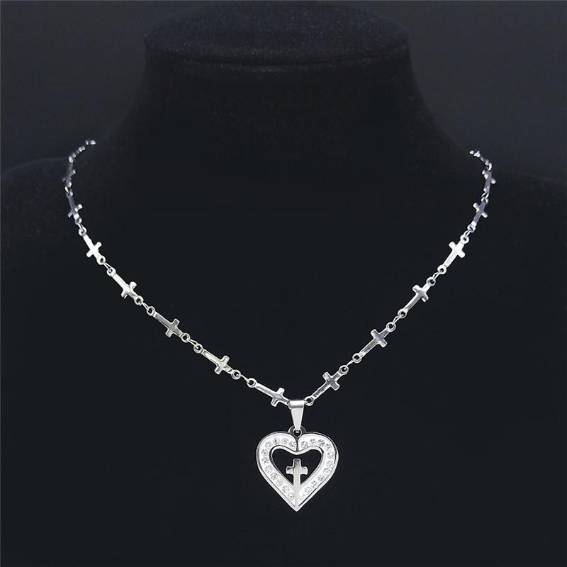 

Pendant Necklaces Stainless Steel Crystal Small Heart Cross Chain Women Silver Color Necklace Jewelry Collares Plata XHLYB219S05
