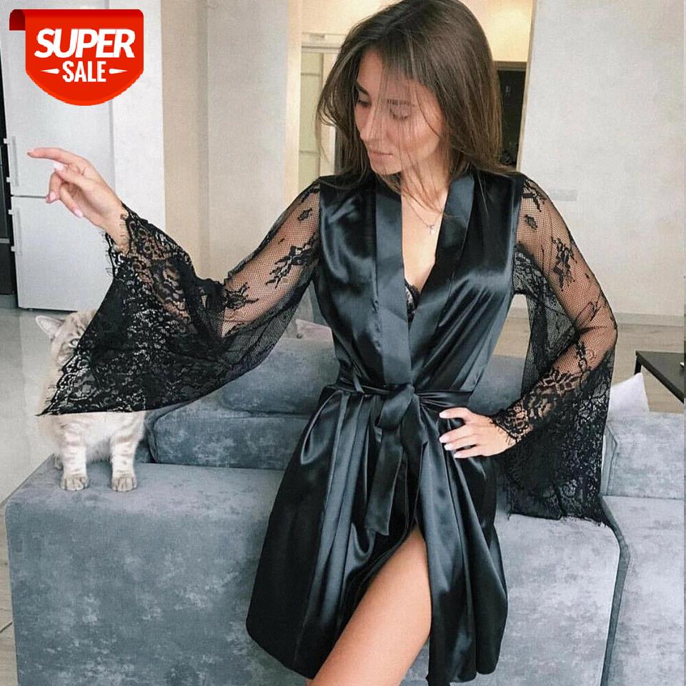 

Women Sexy Lingerie Long Sleeve Perspective Lace Flower Bathrobe Solid Deep V Bandgae Silk Robe Lady Nightgown #Vx3P, Black;gray