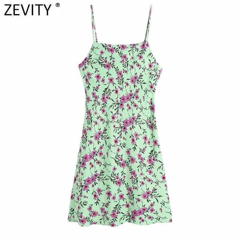

Zevity Wome Fashion Leaves Flower Print Sling Mini Dress Female Chic Backless Button Up Spaghetti Strap Slim Vestidos DS8319 210603, As pic ds8319bb