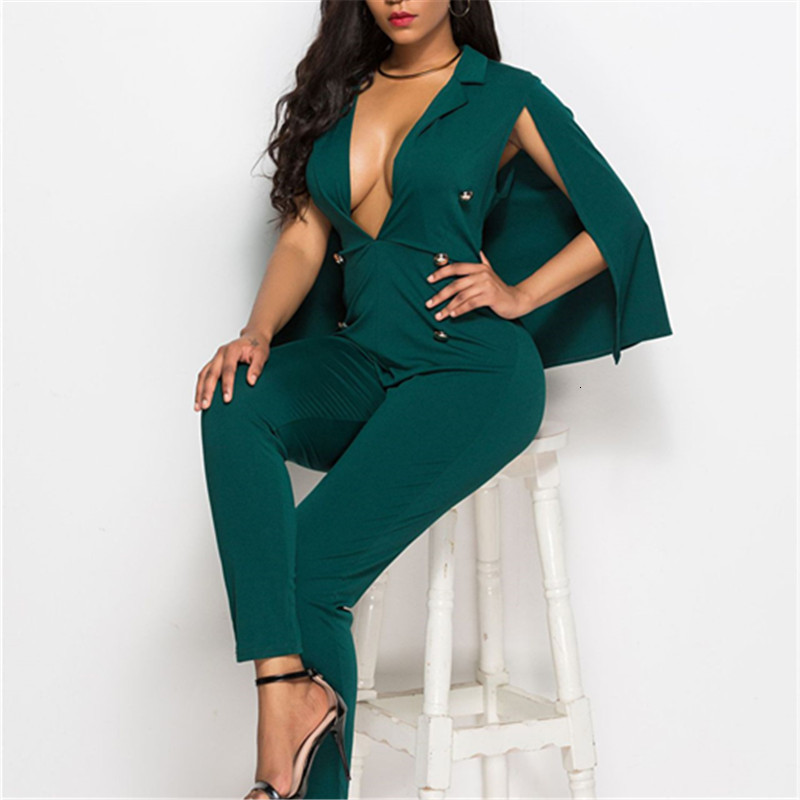 2021 New Women Jumpsuit Deep v Neck Sexy Double Buttons Cape Slim Elastic Bodycon Female Overalls Solid Blue Green White Plus Size Romper H8-image-663044447