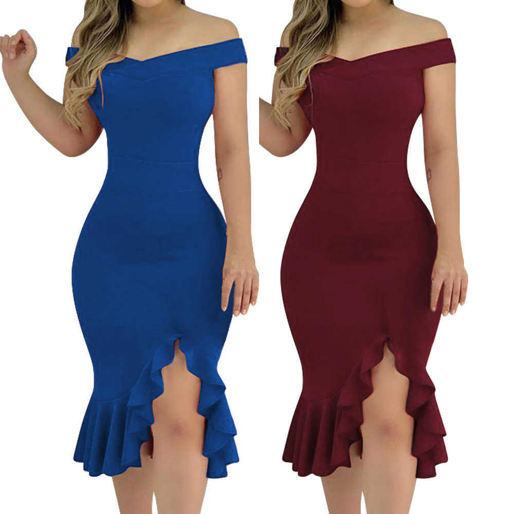 

Women's Sexy Off Shoulder Ruffles Hem Slit Bodycon Dress Elegant Solid Red Midi Fashion Slash Neck Slim Hips Party es 210526