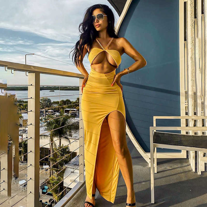 

Front Back Hollow Out Halter Irregular Long Dress Elegant Slit Sexy Package Hip Skirt Party Club Streetwear Spring Summer 210604, Yellow