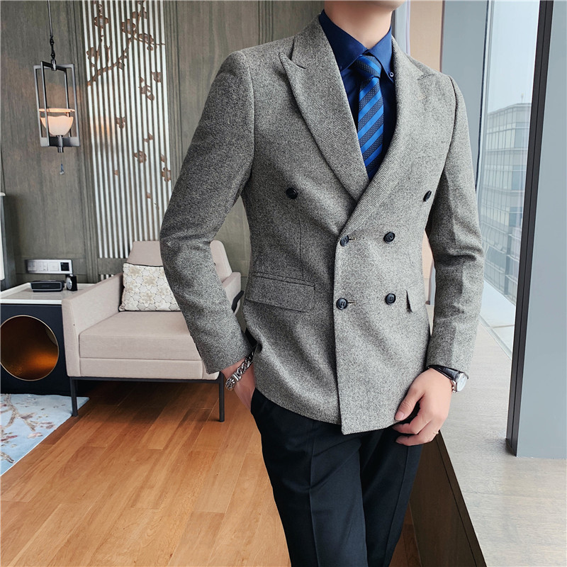 

2021 New High Quality Double Breasted Blazer Men's Clothes Long Sleeve Thin Fashion Formal Business Adjustment 3xl-m Jackets B4sc, Gray coffee.