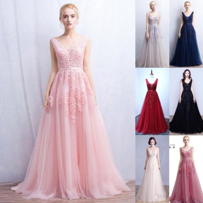 

DHL Vestidos De Novia Long Tulle Evening Dresses A Line Sexy Deep-V Neck Backless Ribbon Belt Appliqued Prom Gowns CPS304, Ivory