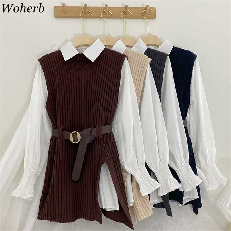 

Woherb Korean Spring Autumn Women Knitted Sweater Vest + White Blouse Casual Belt Suit Two Pieces Set Office Lady Outfits 211018, Black