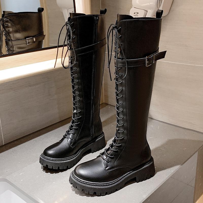 

Boots 2021 Padded Winter Knight Women Over The Knee Long Square Heel Retro Motorcycle With Black Buckle