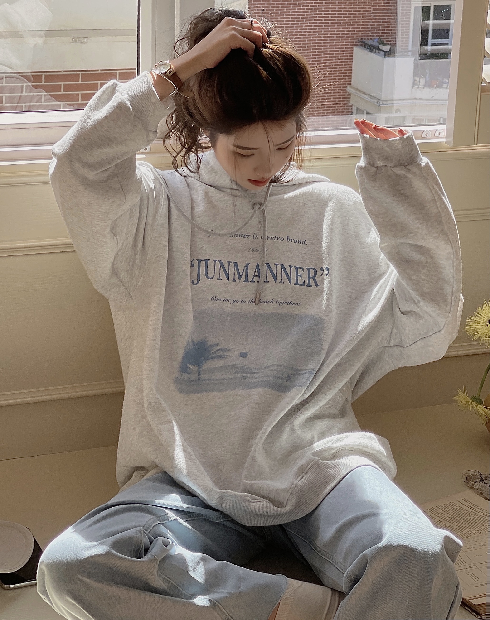 

2021 womens Sea salt blue-gray hooded sweater women loose Korean style 2021 spring and autumn pullover blouse