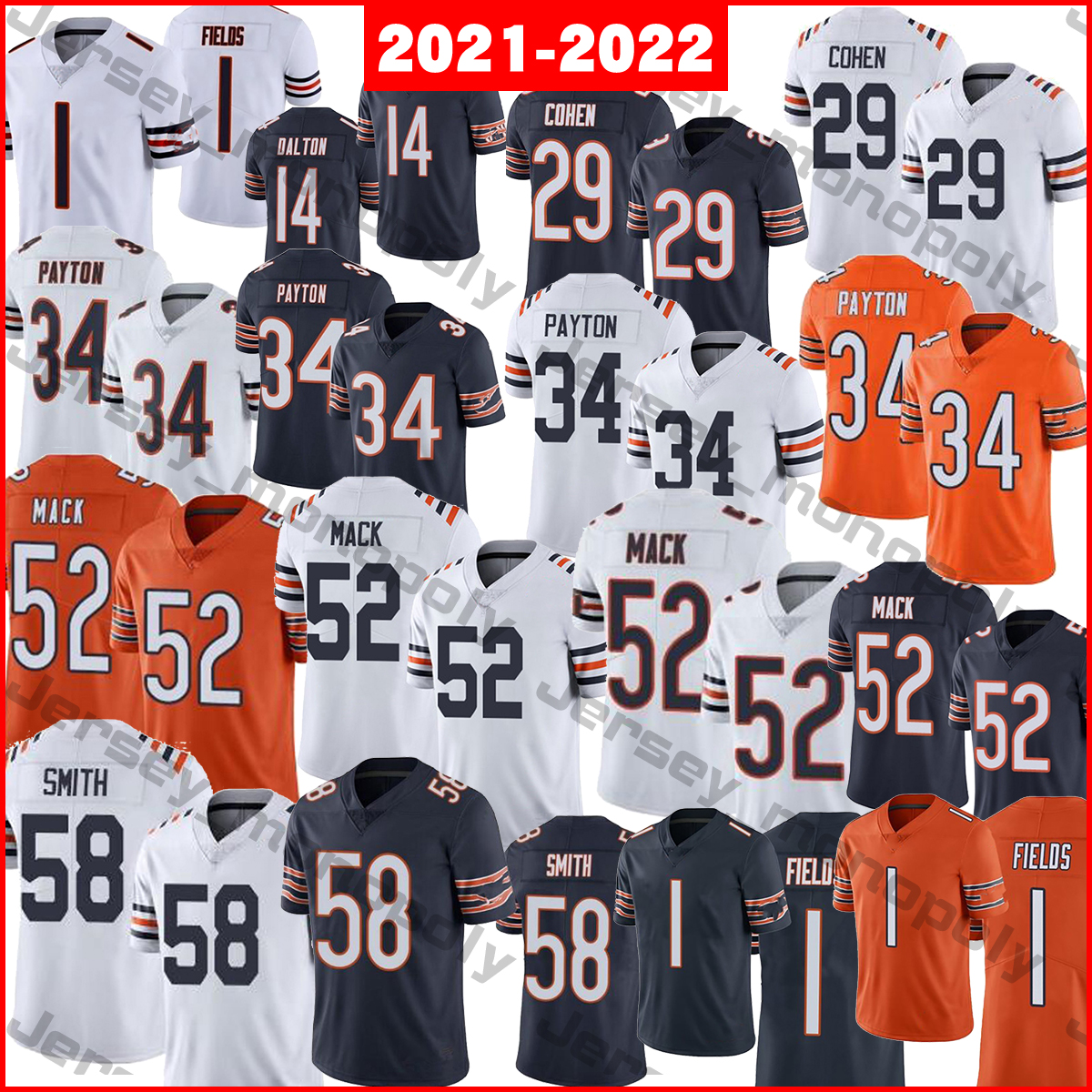 

2021-2022 Football Jerseys 1 Justin Fields 14 Andy Dalton 29 Tarik Cohen 34 Walter Payton 52 Khalil Mack 58 Roquan Smith, As