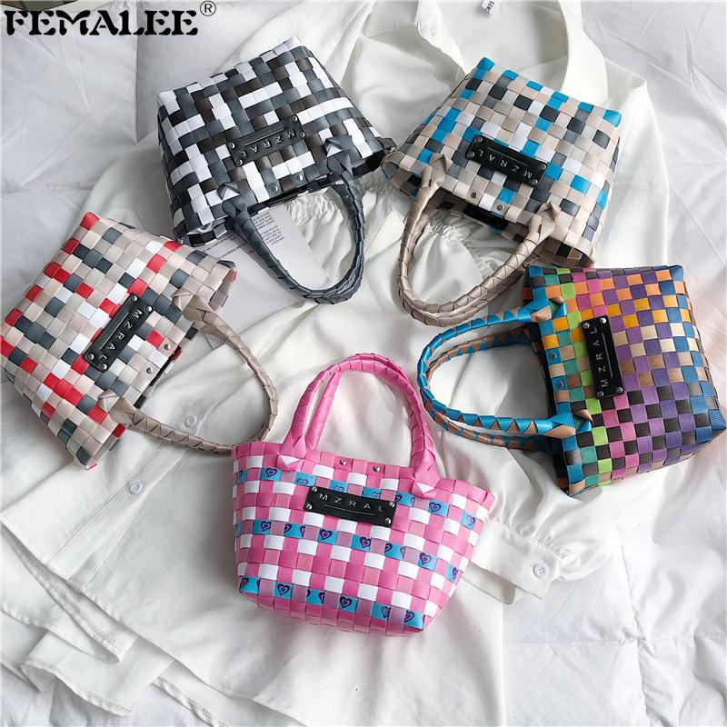 

Shoulder Bags Multicolor Grid Women Shopping Handbags Design Woven Lattice Bucket Hand Summer Fashion Female Crossbody Sac, Black