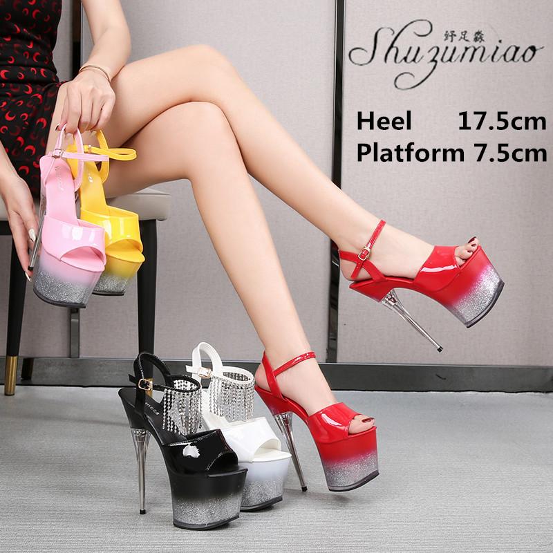 

Dress Shoes Sexy Fringe Pole Dance Women Stilettos Stripper Patent Leather Platform 18CM High Heels Catwalk T Stage Show Model Sandals, Black