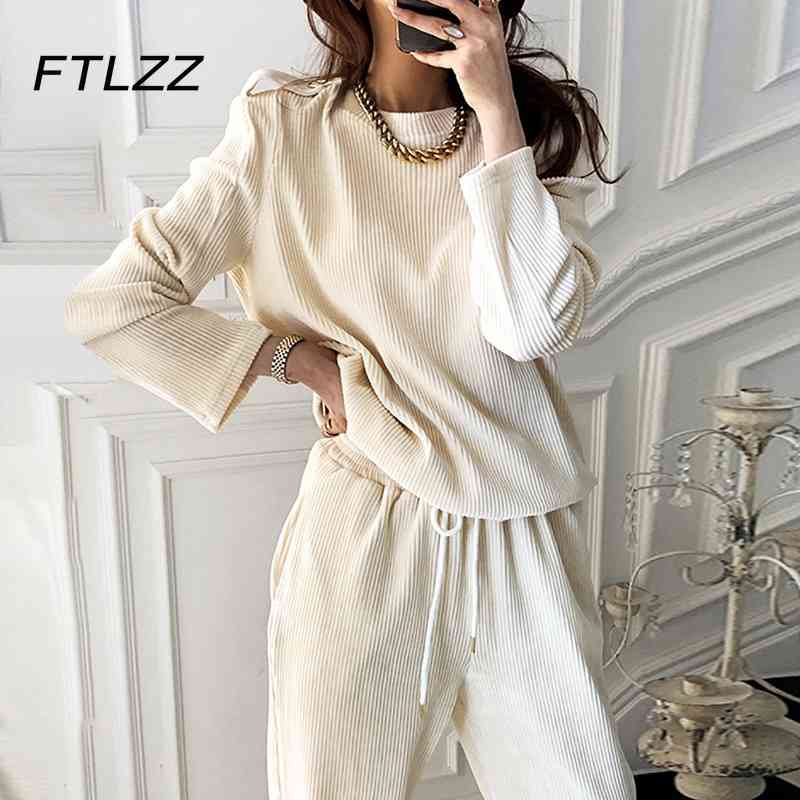 

Woman Corduroy Two Piece Sets Spring Autumn Loose Sweatshirts and Pants Outfit Streetwear Tracksuits Clothes 210602, Black