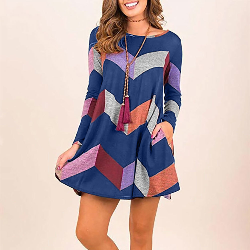 

2021 New Casual Long Sleeve o Neck t Shirt Vintage Geometry Pattern Pockets a Line Female Simple Slim Mini Wqsx, Blue