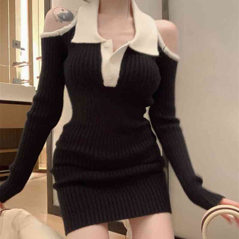 

Elegant Knitting Dress Early Spring Korean Lapel Long Sleeves Off Shoulder Design Slim Gentle Sexy Ins Dresses, Black;gray