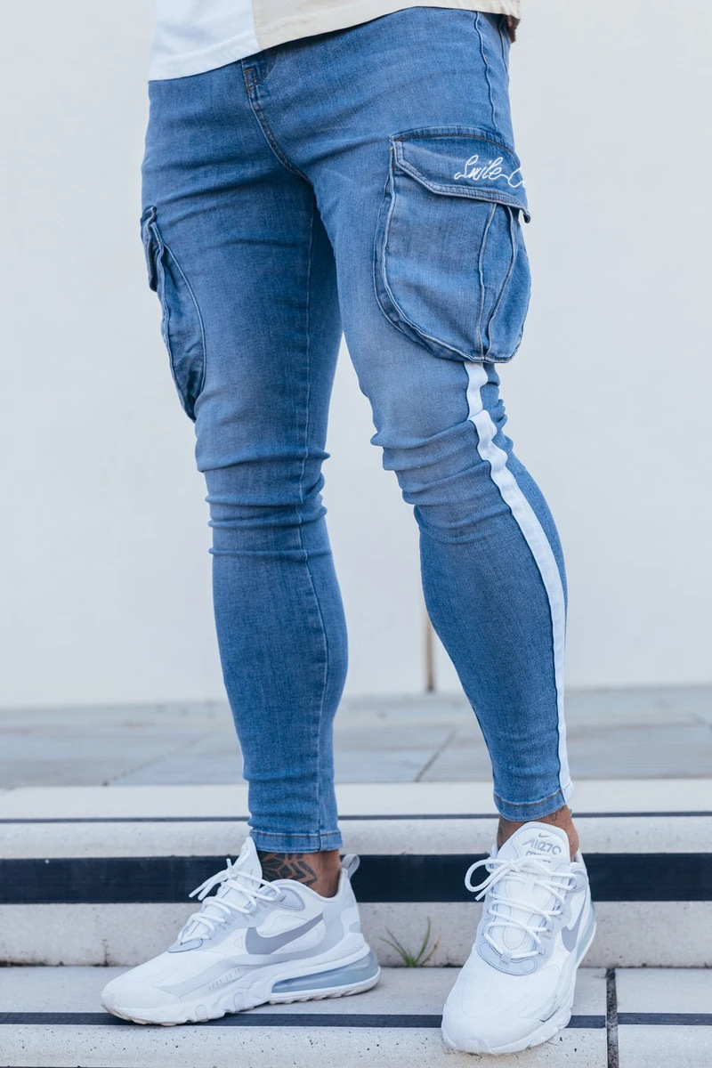 

Striped Rock Jeans Stylish Denim Men's Trousers Black Blue Slim Fit Skinny Pants