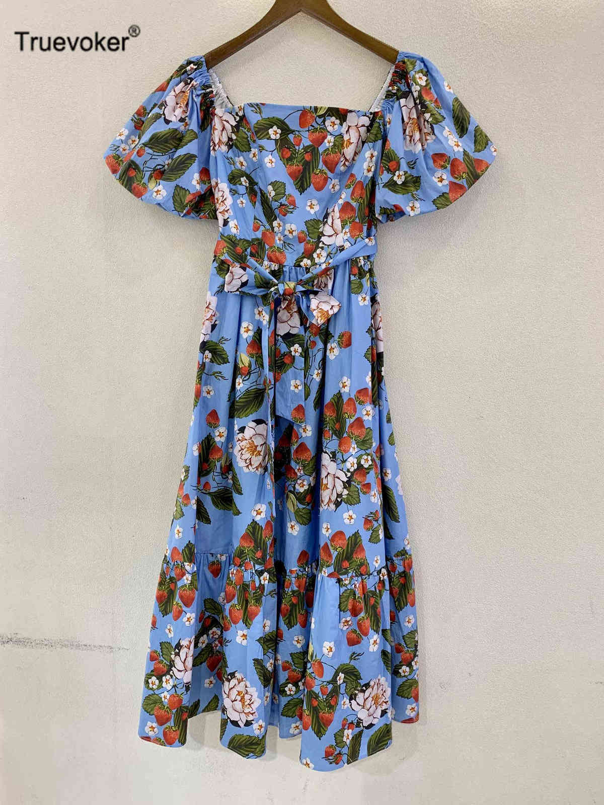 

Truevoker European High Street Cottagecor Cotton Dress Lady Puff Sleeve Multi Floral Print Resort Midi Long Cute Party Robe 210602, Blue