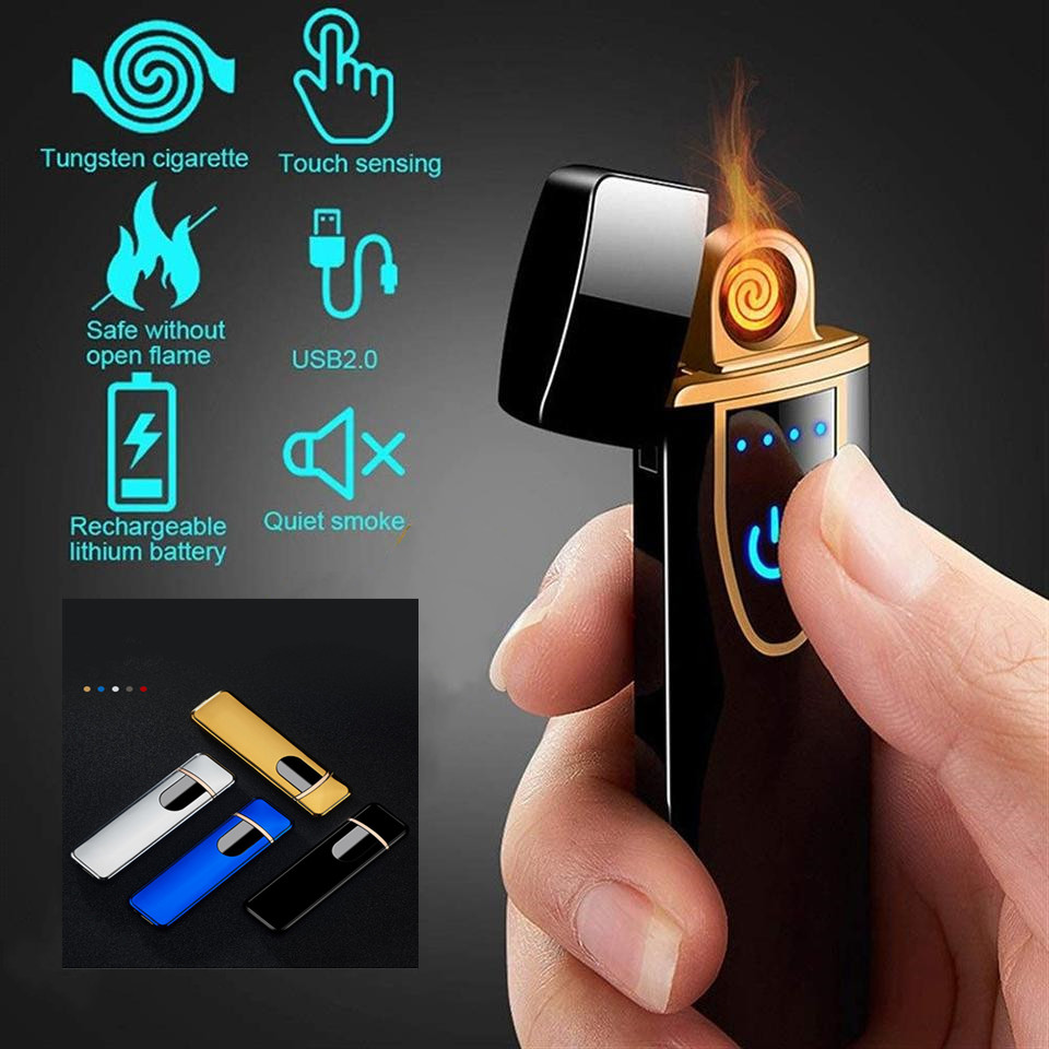 

In Stock Portable USB Rechargeable LED Screen Touch Switch Lighters Safety Windproof Flameless Electronic Arc Cigarette Lighter Custom Make