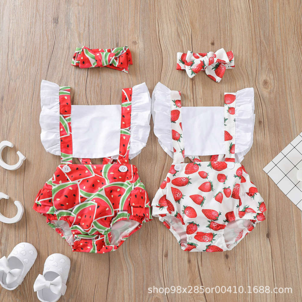 

Summer sweet wind strawberry, watermelon print dress + headdress 2-piece multicolor, White
