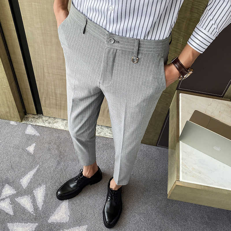 

Striped Mens Wedding Dress Pants Business Formal Office Social Suit Pants Casual Slim Streetwear Trousers Costume Homme 210527, Dark grey