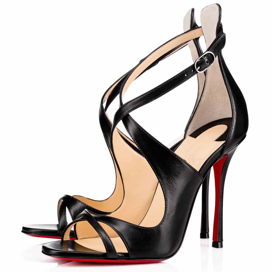 

Summer Sophisticated Sexy Luxury Brand Women Shoes High Heel Open Toes Leather Sandals Red Bottom Malefissima 100mm, Black
