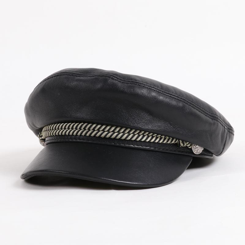 

Berets High Quality Women Genuine Leather Hat Girls Cadet Captain Cap, As shown