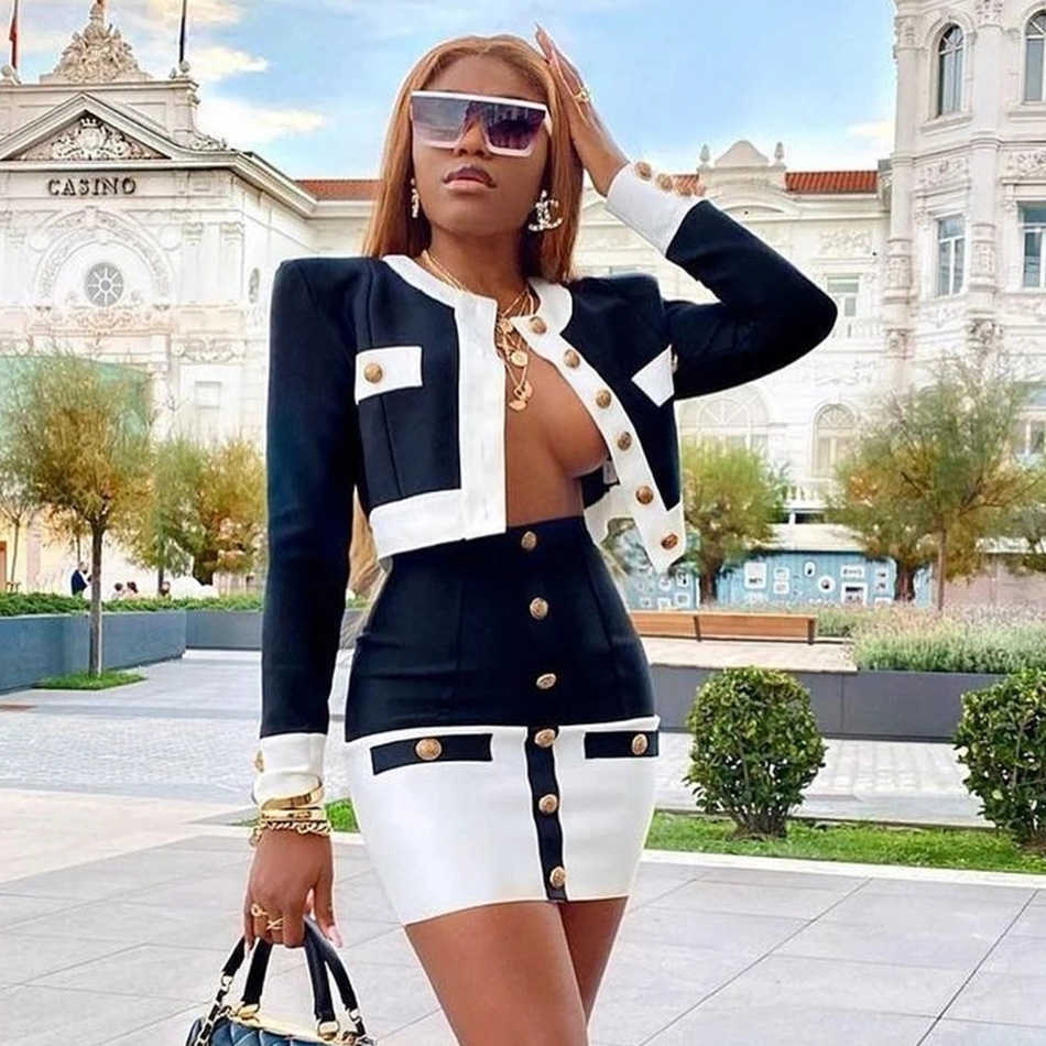 

Aummer 2 Piece Suit Patchwork Black White O-Neck Long Sleeve Pocket Button Mini Hip Skirt Female Set 210527, As photos