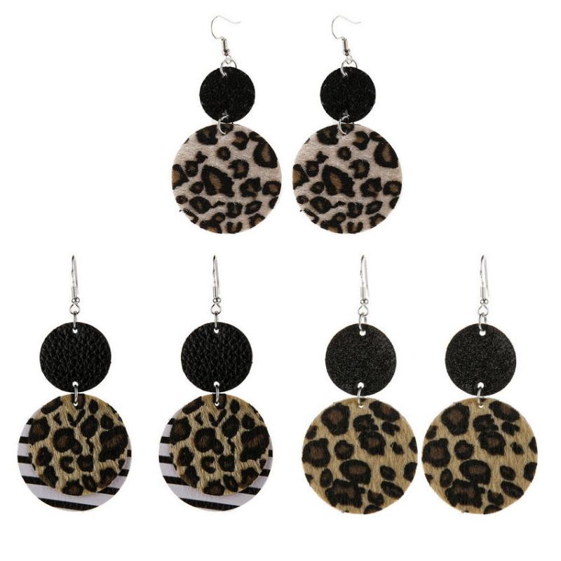 

Dangle & Chandelier Layered PU Leather Leopard Round Earrings For Women 2021 Fashion Geometric Circle Jewelry Wholesale