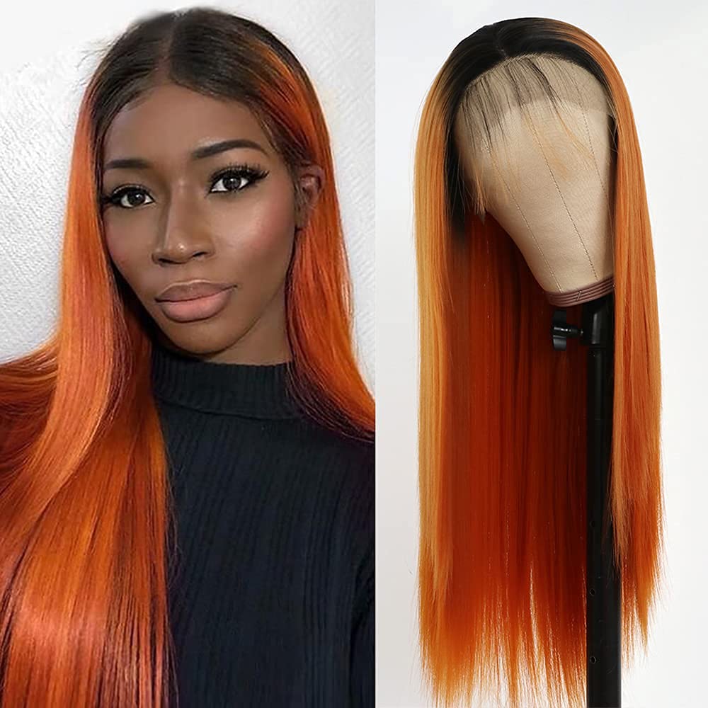 Costume Accessories Ombre Ginger Orange 26 Inch Long Synthetic Lace Front Wig Silky Straight With Baby Hair For Black Women Daily Use Preplu-image-749168580
