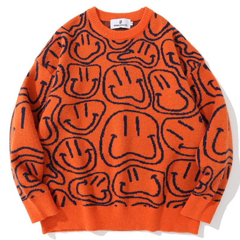 

Men's Sweaters Funny Smile Knitted Ugly Sweater Men Hip Hop Harajuku Vintage Oversized Streetwear Pullover Couple Fall Warm Orange Knitwear, Blue