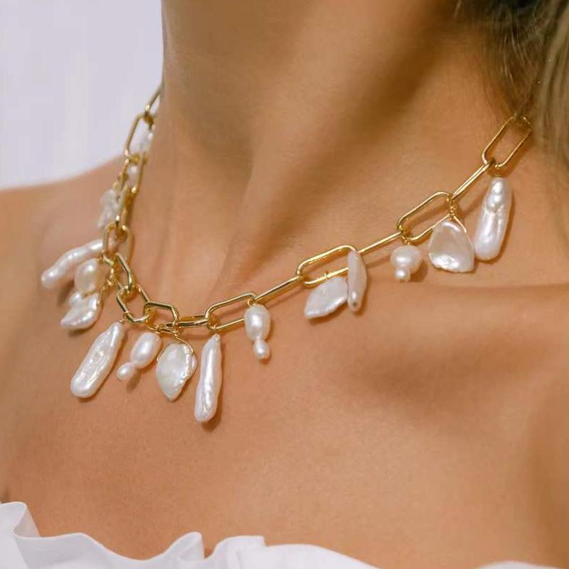 

Chokers Diverse Design Stainless Steel Chunky Necklace Natural Irregular Freshwater Pearl Multiple Pendants Collar High-end Luxury, Golden;silver