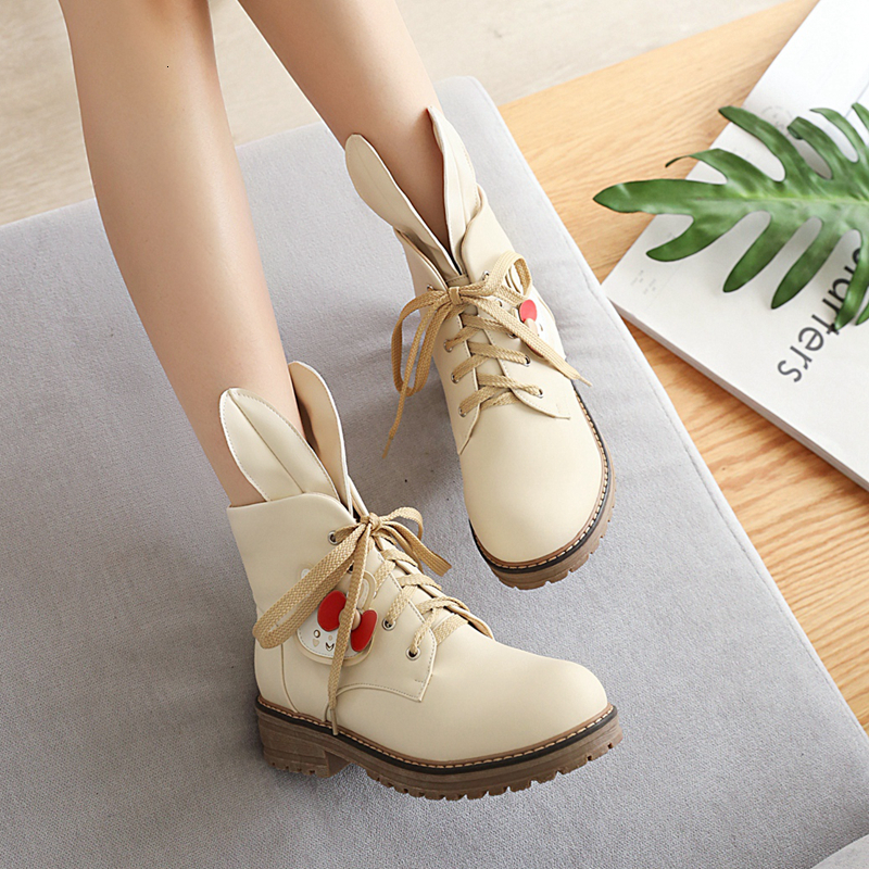 

New Autumn/winter Gothic Girl Sweet Ankle Beautiful Indoor Rabbit Ears Plus Velvet Thick Heel Martin Student Lolita Boots Itwe