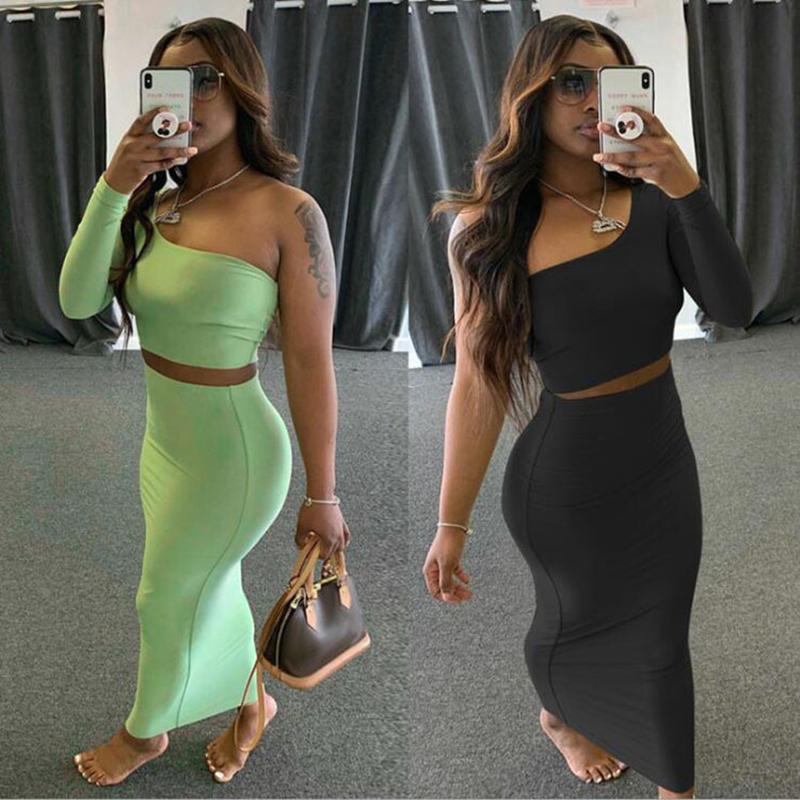 

Work Dresses 2 Piece Set Skirt And One Shoulder Long Sleeve Crop Top Fall Clothes For Women 2022 Fashion Sexy Club Outfits, White;black