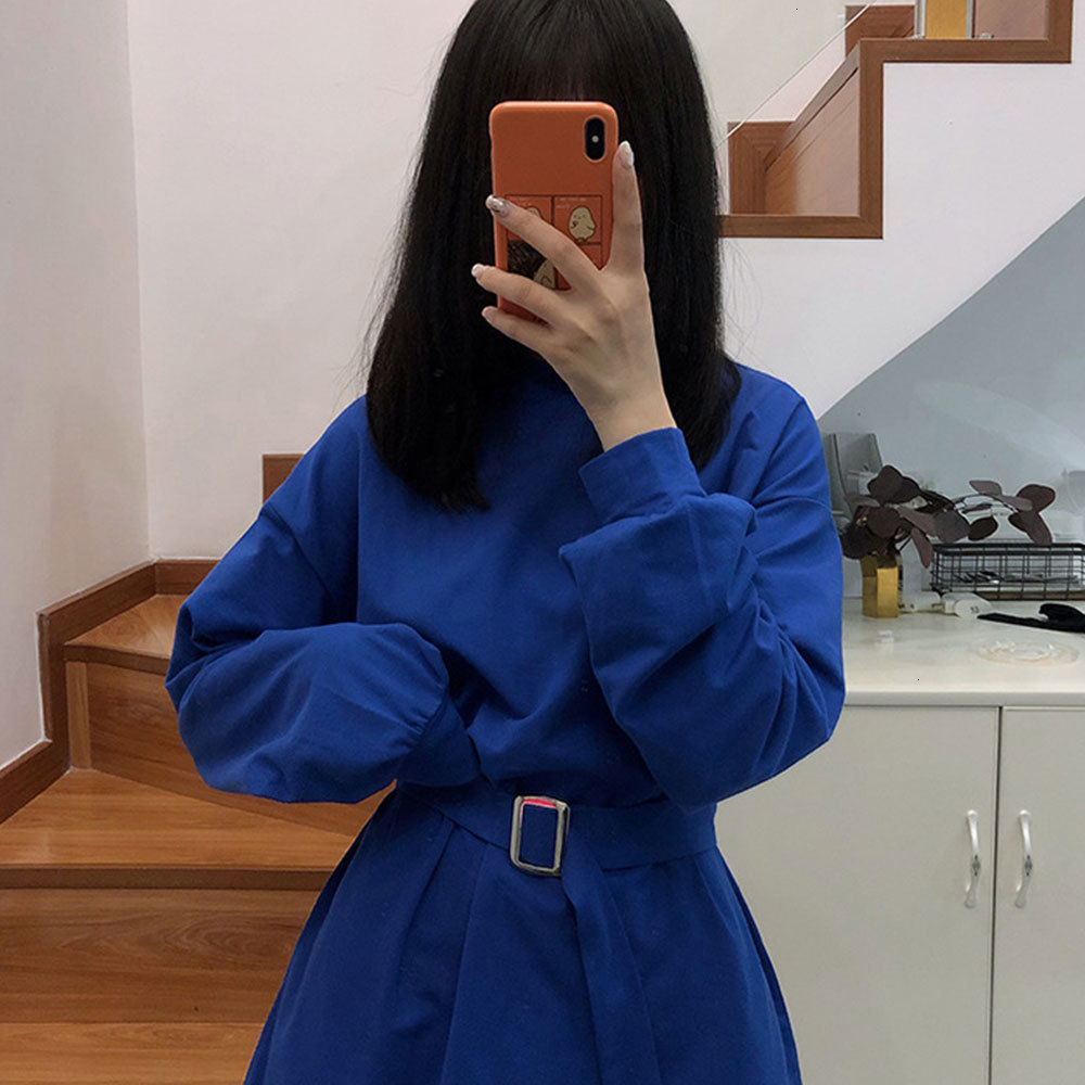 

2021 New Women Loose Harajuku Streetwear Korean Style Belt Long Sleeve t Shirt Autumn Winter Solid Mini Eb7y, Yellow