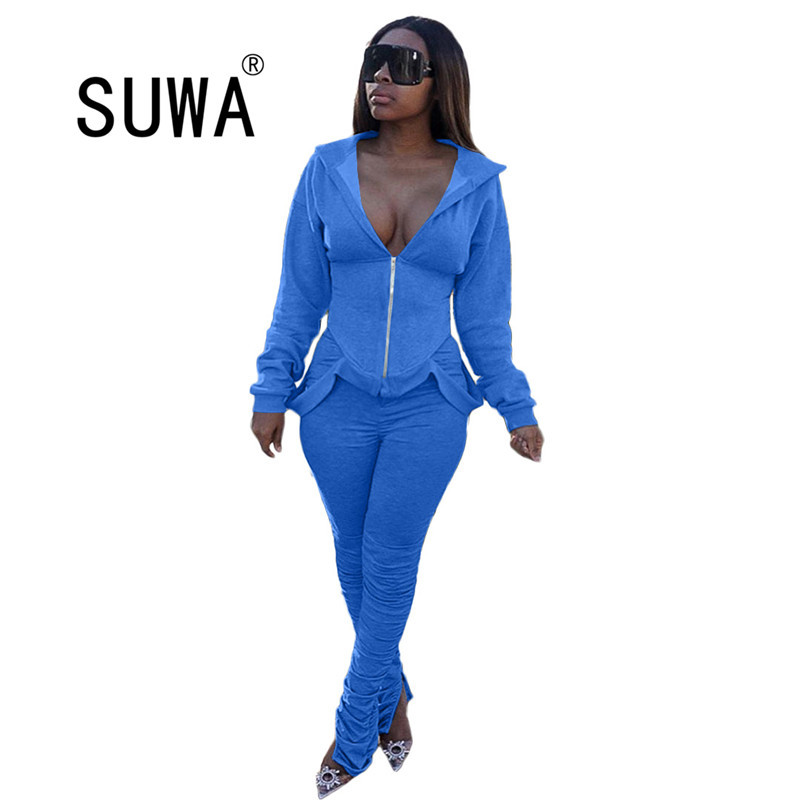 

Autumn Latest Hoodies Two-Piece Set Women Casual Zipper Full Sleeve Slim Waist Coats Pleated Stacked Joggers Pants Suits 210525, Blue