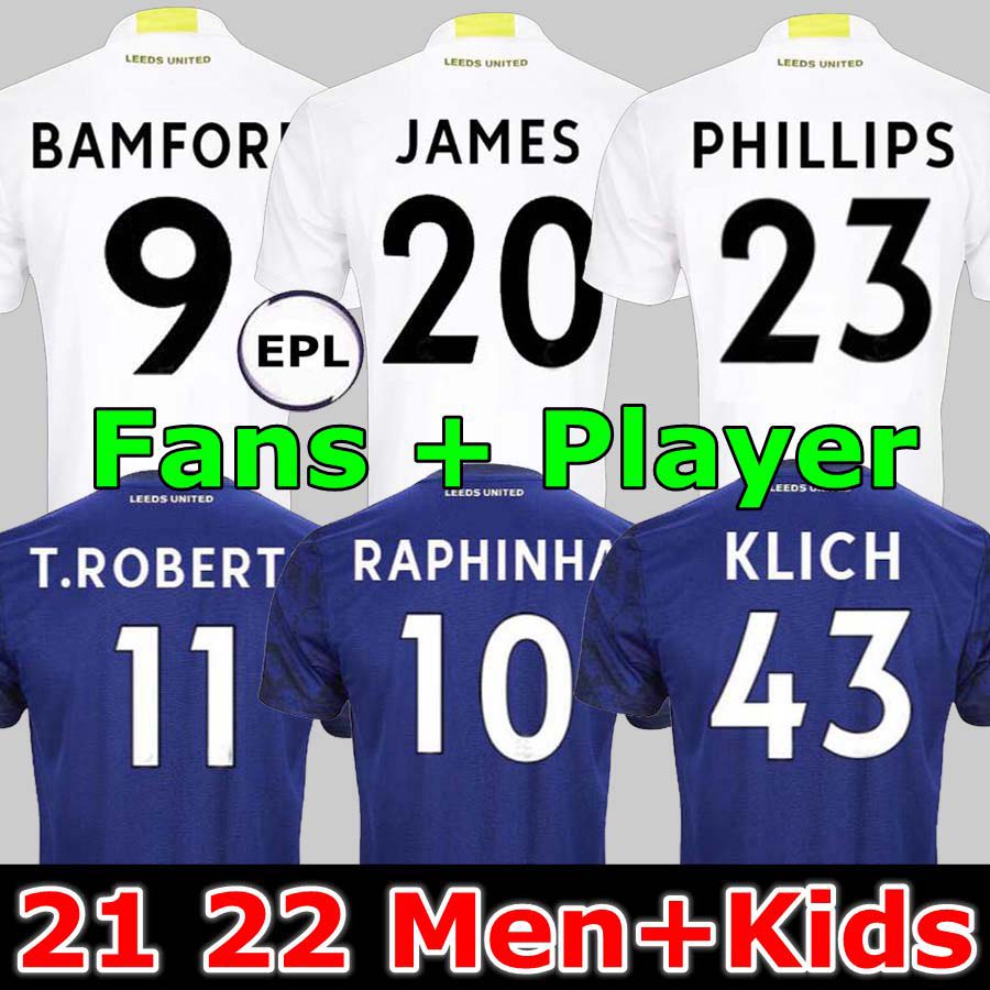 

Fans Player 21 22 Leeds soccer jersey United 2021 2022 JAMES PHILLIPS FIRPO JUNIOR BAMFORD RAPHINHA DIEGO LLORENTE RODRIGO home Away football shirt men kids uniform, 21 22 home jersey