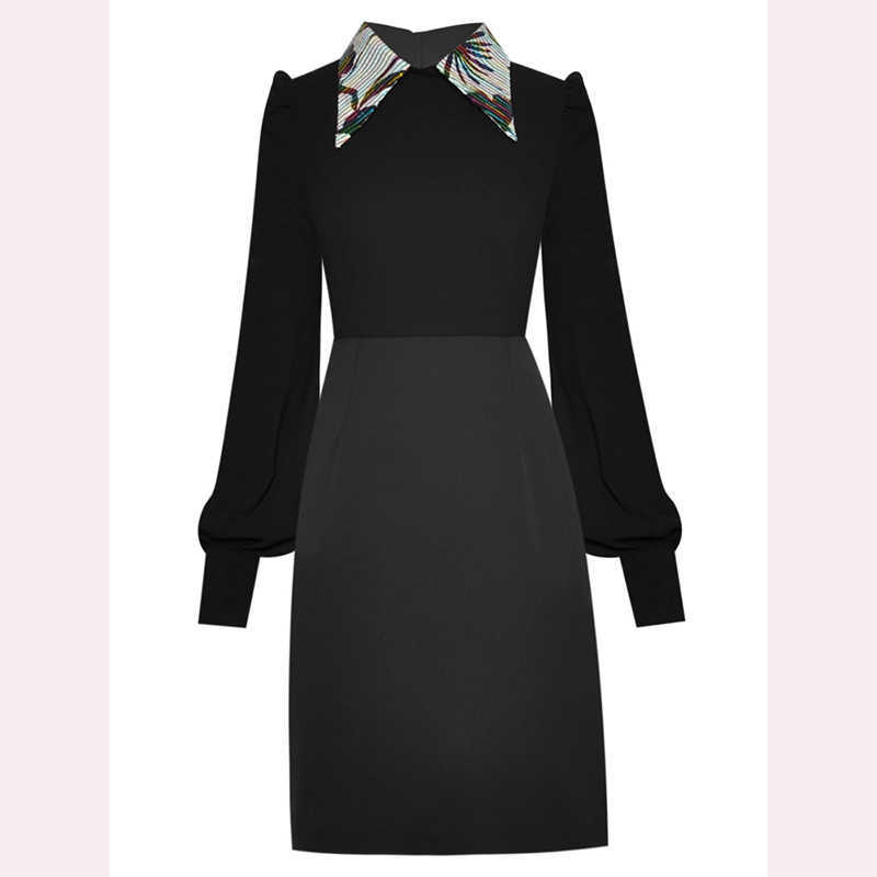 

HIGH STREET Fashion Spring Runway Dress Women's Printed Lapel Lantern Long Sleeve Solid Color Professional 210526, White