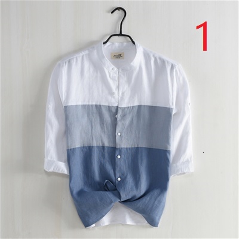 

2021 New Color Matching Small Stand Collar Linen Men's Fresh Literary Round Neck Loose Casual Cotton Cropped Sleeves Shirt 4jir