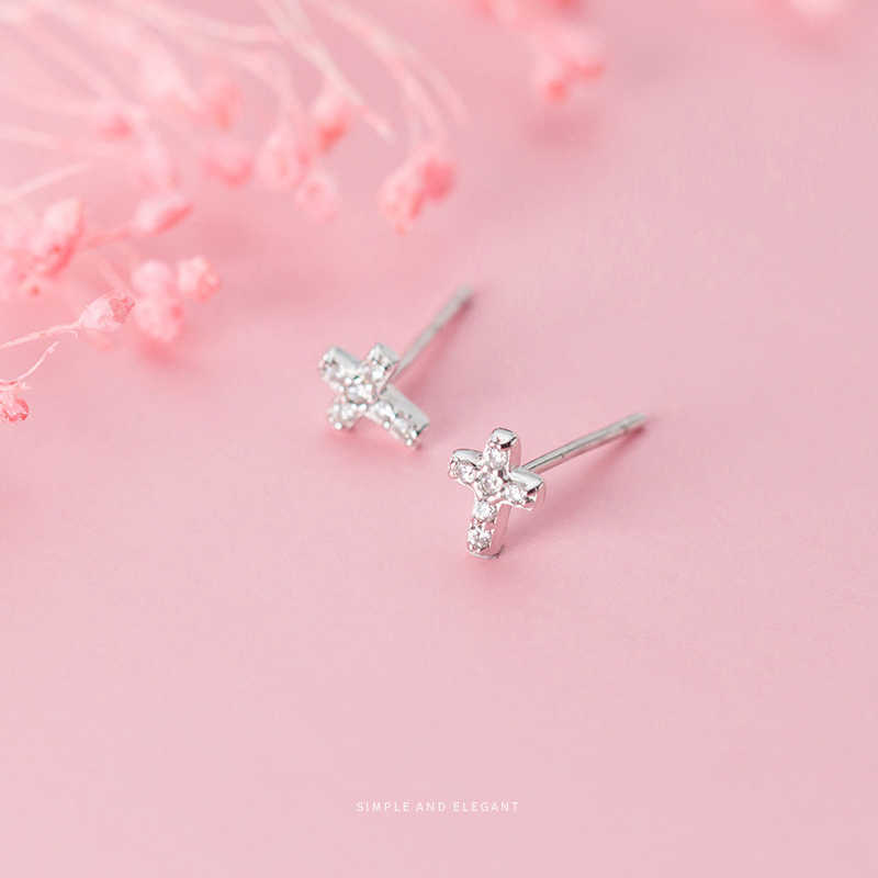 

Genuine 925 Sterling Silver Fashion Cross Stud Earrings With AAA Zirconia Push-Back Clasp for Women Fine Jewelry 210707