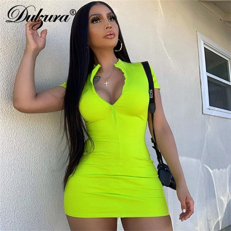 

ribbed knitted solid neon women mini dress zipper short sleeve bodycon streetwear 2021 summer clothes party outfithigh quality, Black;gray