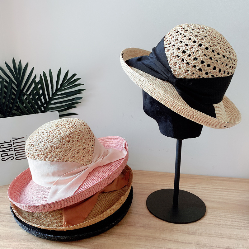 

2021 New Hand Weave Patchwork Colored Women Cloche Raffia Elegant Bowknot Wide Brim Sun Summer Straw Floppy Ladies Hat L2r3, Pink