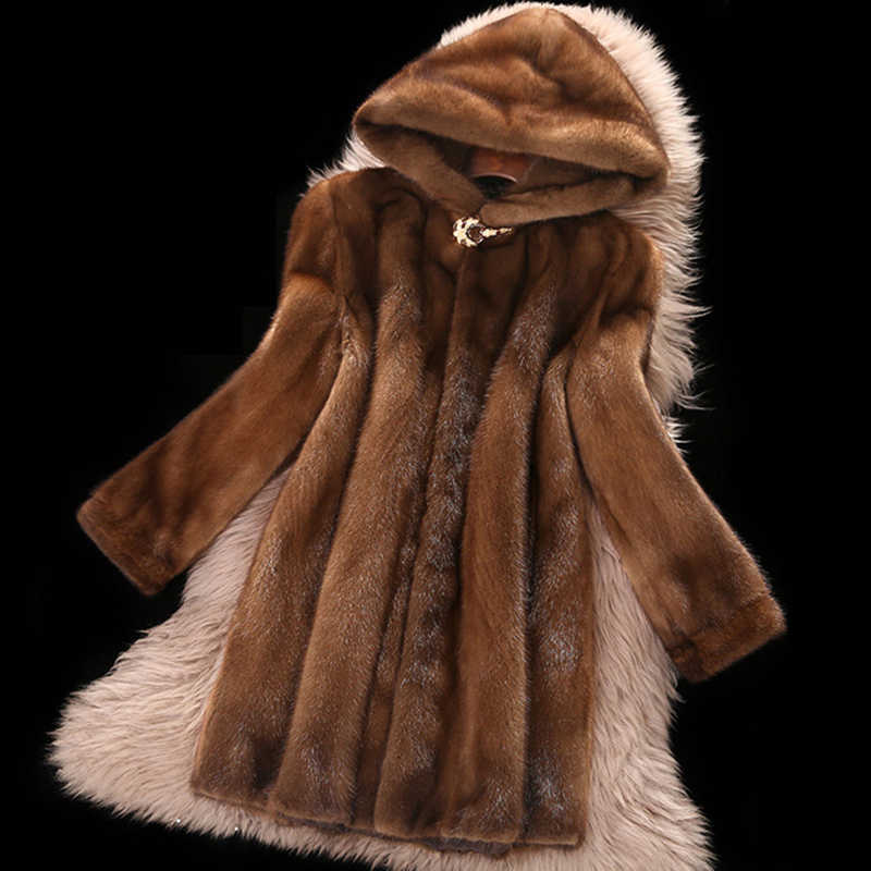 

High Faux Mink Fur Coat Female 2019 New Plus Size 6XL Medium Length Winter Hooded Tops Women Thicken Brown Mink Fur Coats Y0829, Dark brown