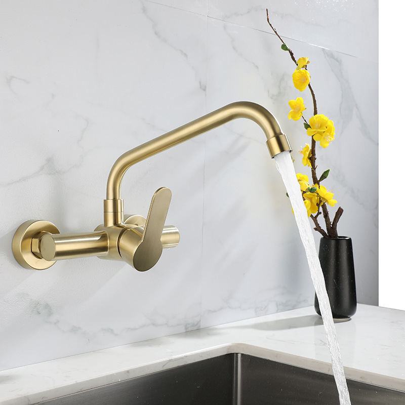 

2021 New Brushed Gold Kitchen Faucet Swivel Pot Filler Wall Mounted Hot and Cold Sink Tap Rotate Spout Stainless Steel Wjr6