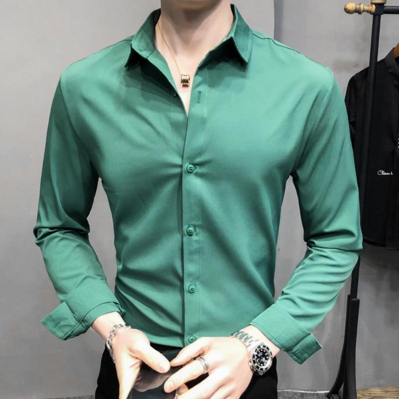 

Men's Casual Shirts Solid Color Mens Long-sleeved Shirt M-5XL Slim British Men Dress Business Red Green Korean Clothes, Black