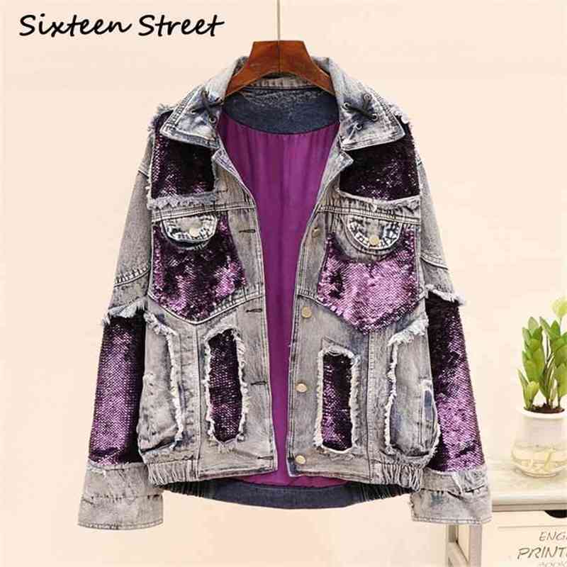 

Autumn purple sequin embroidery denim jacket woman street wear vintage boyfriend style coat female loose outfit 210603, Sky blue