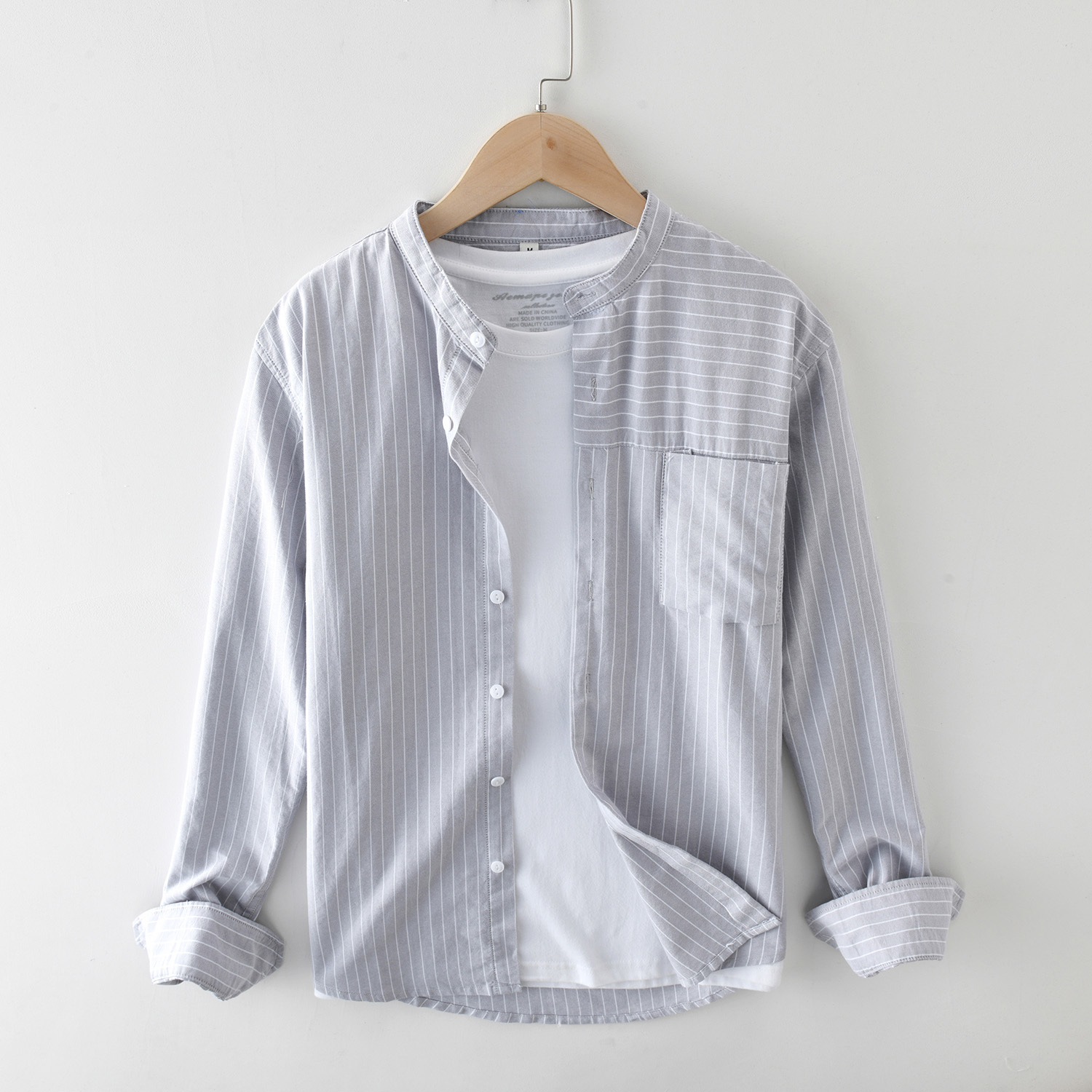 

2021 New Male-style Striped Cotton Shirts Comfortable Long Sleeve Pattern-fitting Collar Casual Mandarin Tops Shirt Exk1, Blue.
