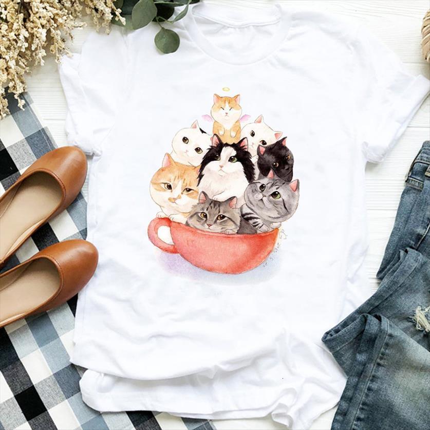 

cat cartoon fashion fruit womens short sleeve print casual tee for female shirt clothes graphic, White